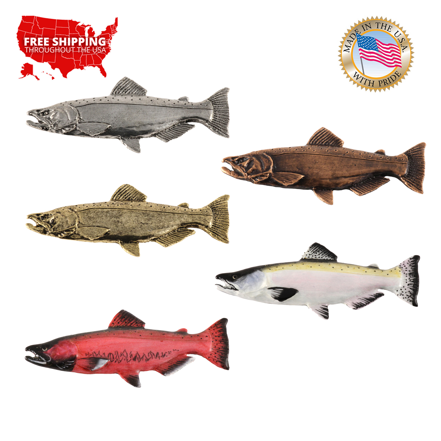 King Salmon Pin, Fish Pin, Pewter, F040PR, 3 1/4”, Ocean Chinook, Tyee ...